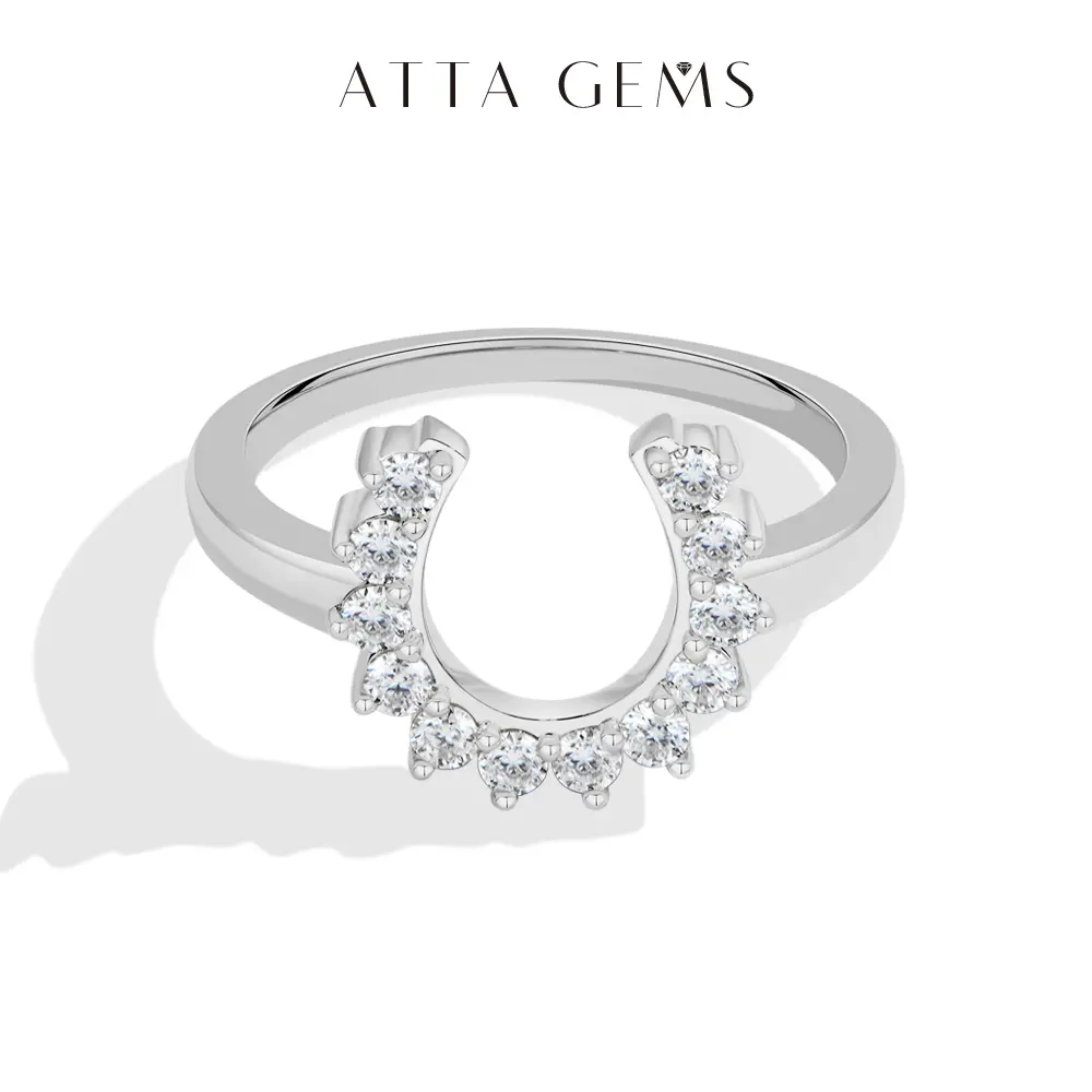 ATTAGEMS U Shape Horseshoe Ring Lab-Grown Moissanite Ring for Women 925 Sterling Silver Ring Party Anniversary Birthday Fine Jewelry Gift R362, Lab-Moissanite