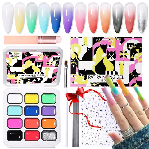 GELLAKTIK Gel Nail Polish Pat Painting Kit - UV/LED Curing, Salon-Quality Beginner-Friendly Set with Brush, Silicone Patting Pen, Stickers for Halloween Nails, Gradient Ombre DIY Manicure