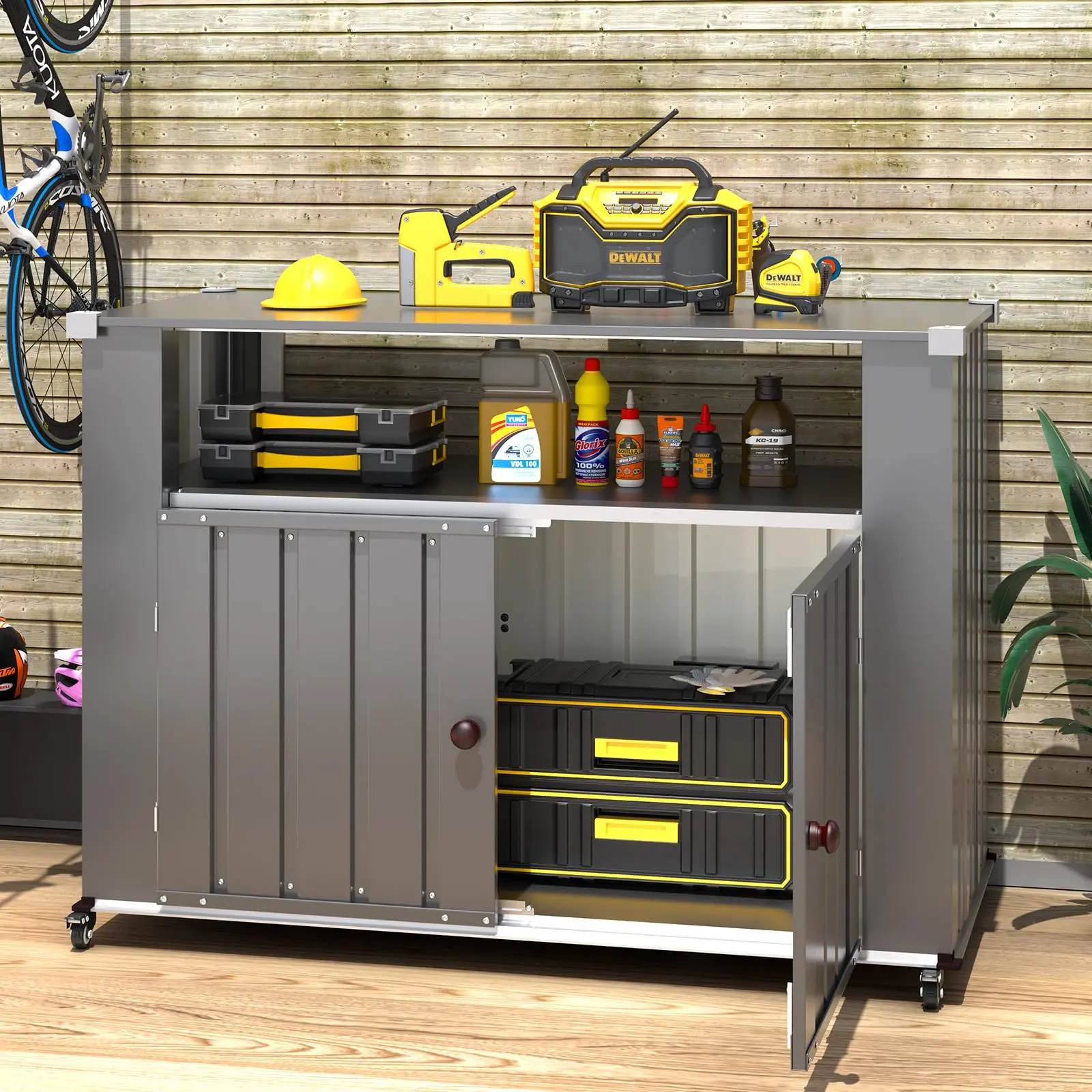 Weatherproof Outdoor Grill Table with Storage – Dark Grey BBQ Prep Cart with Cabinet & Counter Space