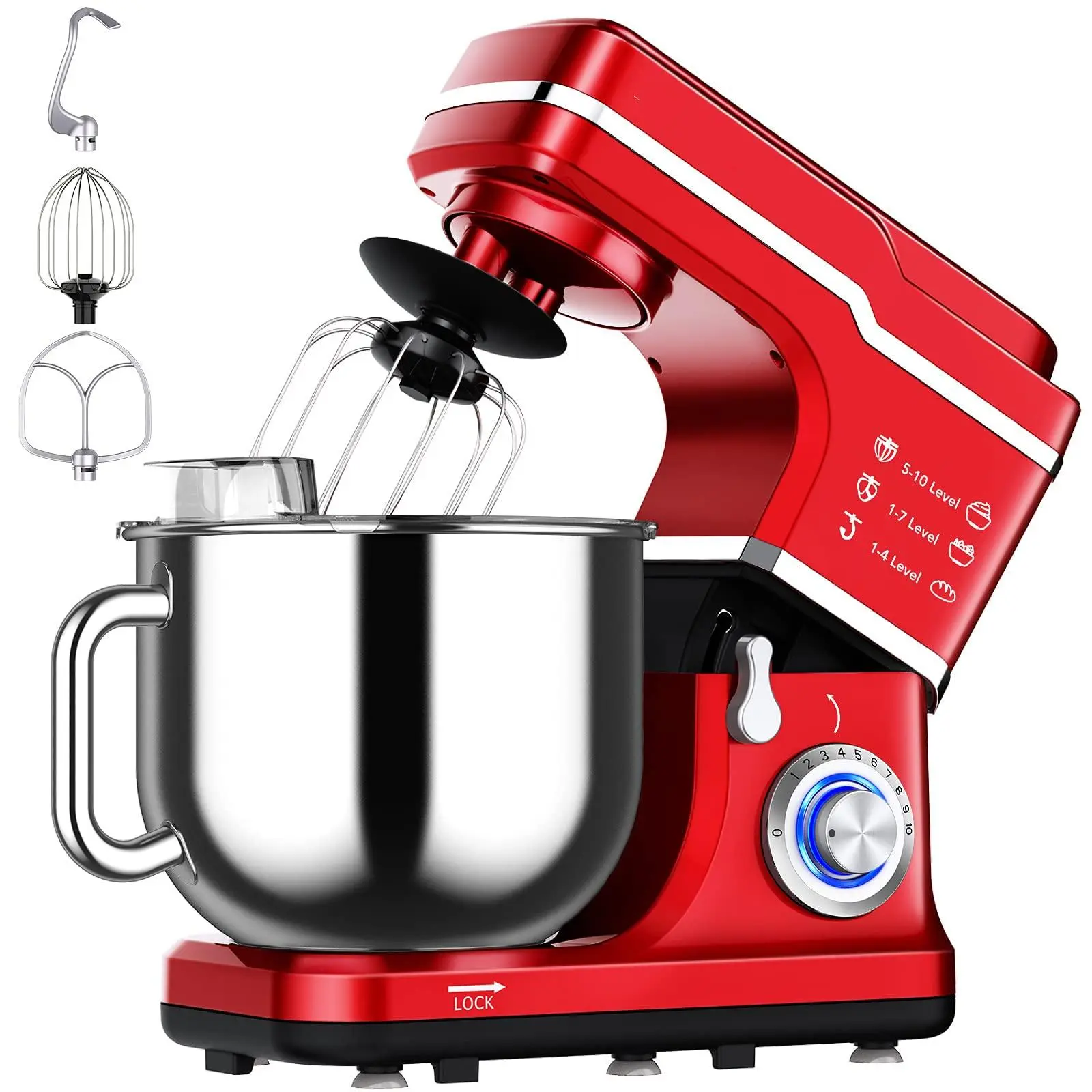 Kitchen Aide Mixer,Household Stand Mixers for Baker,Beginners,Food Mixer with Stainless Steel Bowl,Whisk,Dough Hook,Beater Splash Guard 660W,10 Speeds,Easy Clean Up(Red)