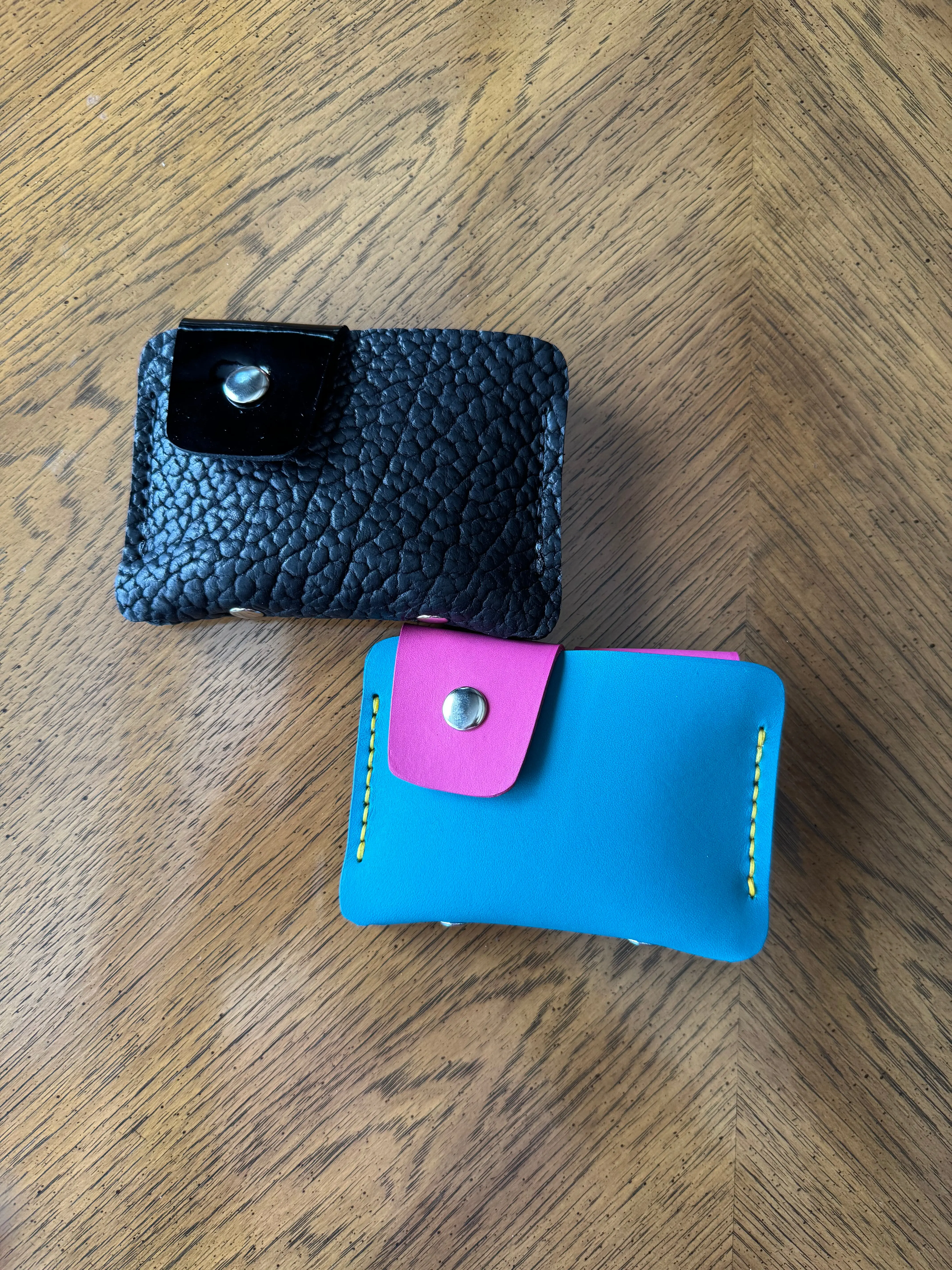 Two snaps! Hand sewn shrunken bison or cowhide leather wallet -handmade snap wallet - artisan leather wallet