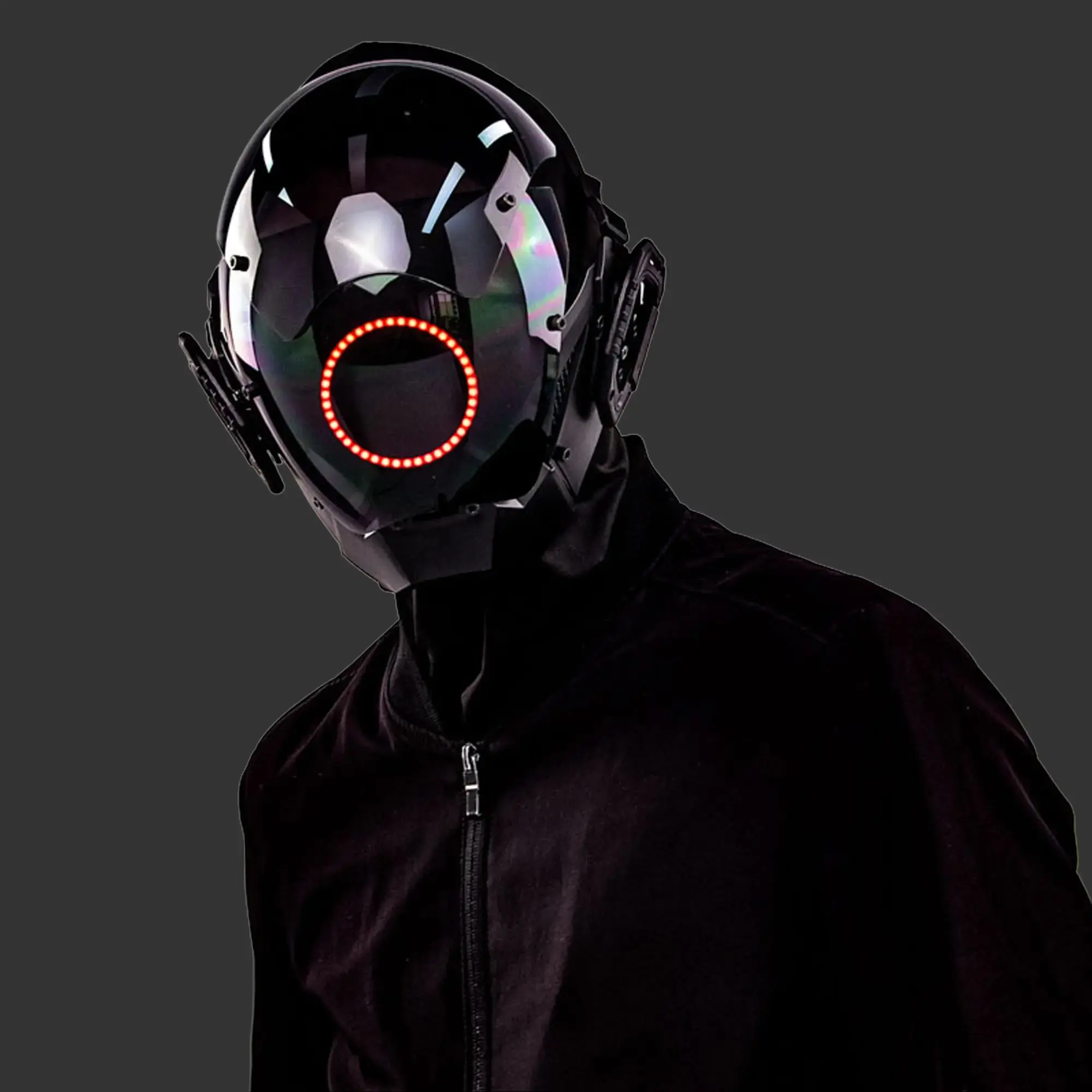 CosTribe Cyberpunk Graphic Face Mask - Rechargeable Red LED Lights, Futuristic ABS Plastic Techwear Covering for Adults, Costume Wear, Happy Birthday, Halloween (One Size)
