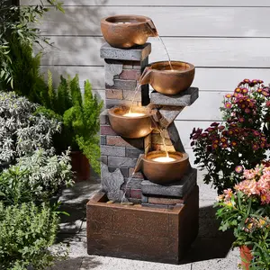 33.5" Tall Outdoor Water Fountain,4 Tiered Cascading Bowl Outdoor Freestanding Fountains with Light, Waterfall Floor Standing Water Feature for Garden, Patio, Yard, Deck, Porch, Indoor Decor