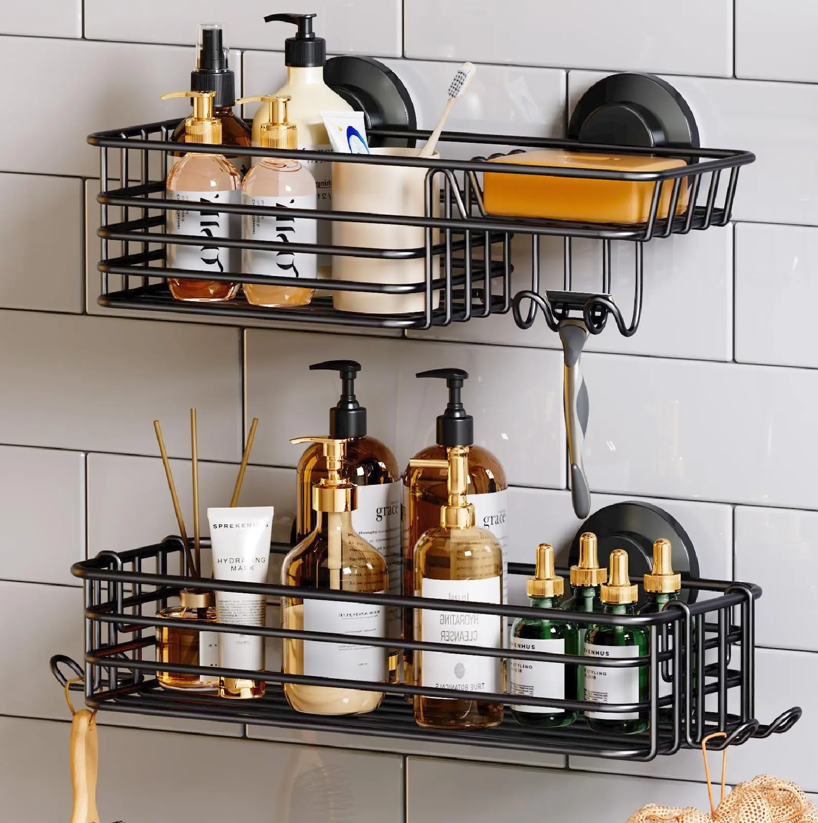 TAILI Black Metal Suction Cup Shower Caddy 2-Pack - Bathroom Accessory Set, Rust-Resistant Heavy-Duty No-Drill Organiser with Hooks, Soap Holder, Suction Bathroom Trays, Multi-Piece aw920us4