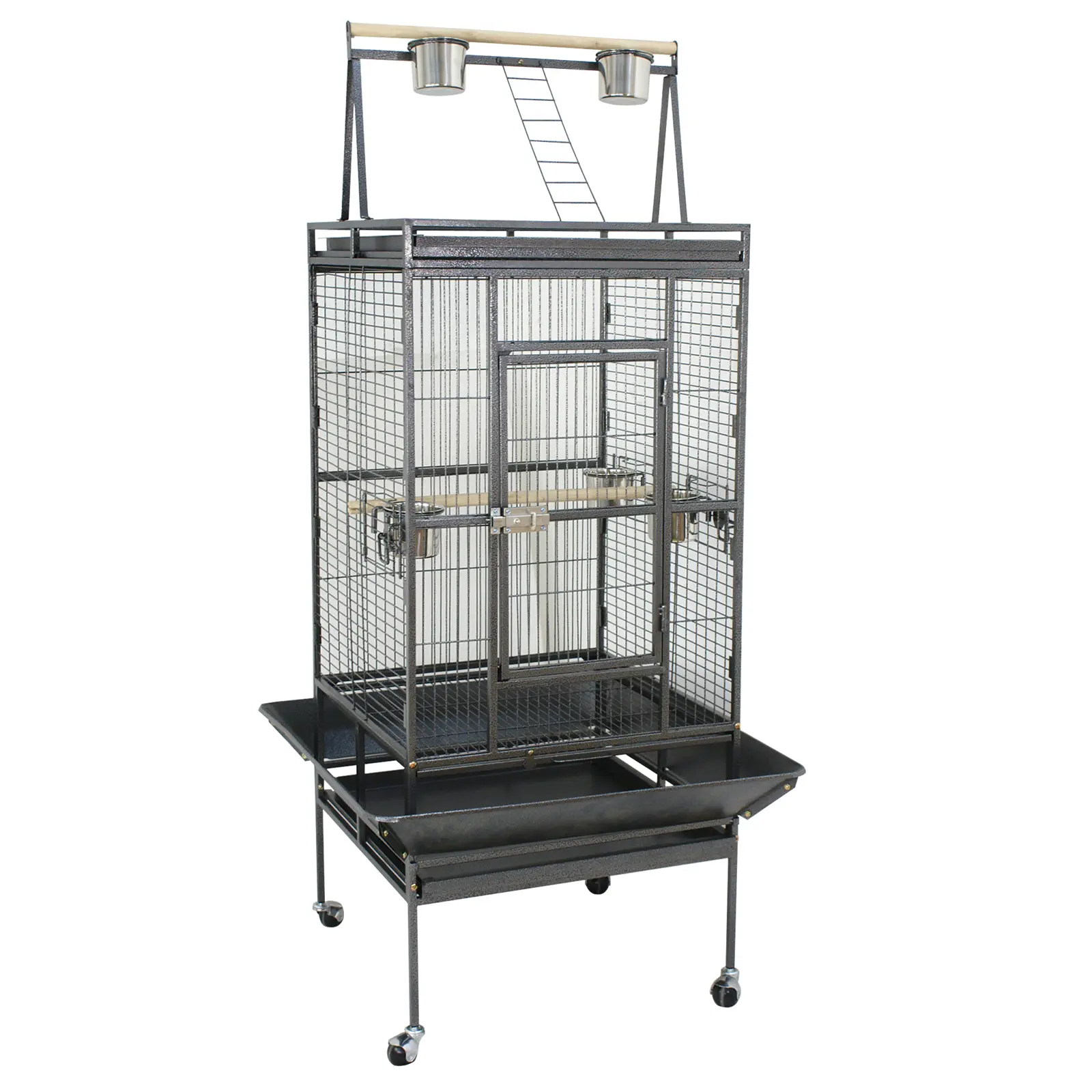Segawe 68-in Tall Wrought Iron Bird Cage - 2-in-1 Playtop Roof, Rolling Wheels Stand, Stainless Steel Bowls, Wood Accent, 44lbs, 21.3-in Door Access - Home Parakeet Cage for Small-Medium Parrots, Cockatiels, Parakeet Cages