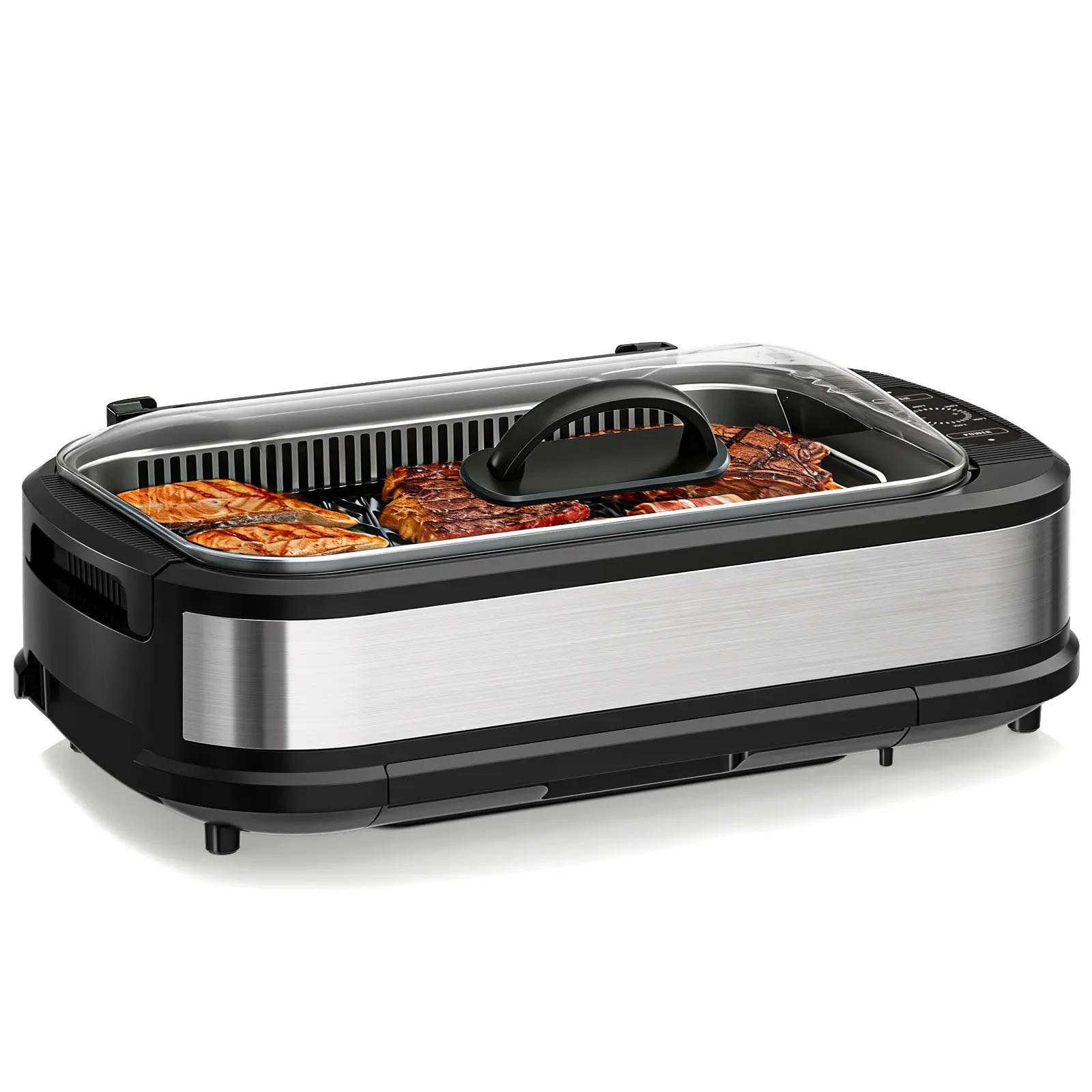 Corded Rectangular Smokeless Grill, Indoor Electric Grill with Touch Control Panel, 6 Temp Settings, Removable Dishwasher-Safe Parts, Built-In Fan & Auto Shut-Off, Black Home Grilling Appliance