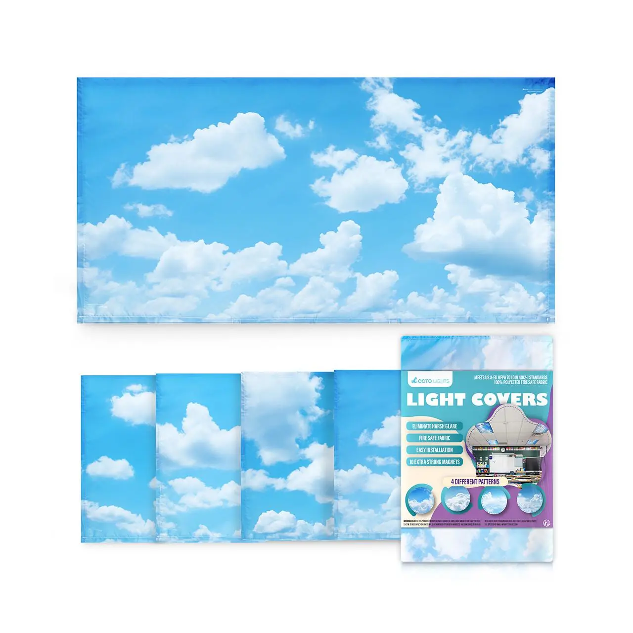 Fluorescent Light Covers For Ceiling Lights - Magnetic Cloud Cover For Fluorescent Or LED Fixture - Classroom Light Filters - Octo Lights