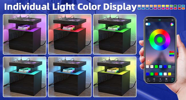 HOMMPA LED Nightstand with Wireless Charging Station & USB Ports, Modern Bedside Table, Black Night Stand with Open Compartment, Smart Nightstand High Gloss Surface for Bedroom