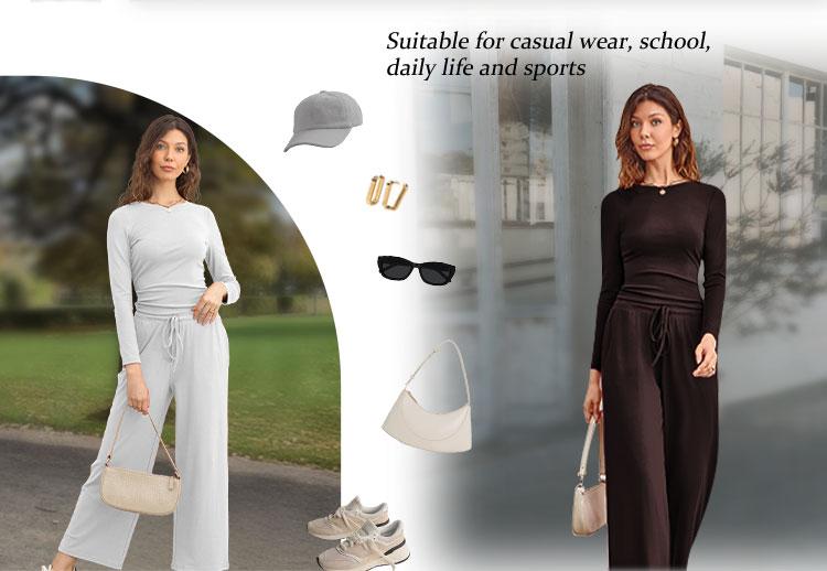 AUTOMET Women's 2-Piece Lounge Sets Asymmetrical Long Sleeve T-Shirt & Wide Leg Pants Casual Outfit Tracksuit Basic Minimalist Clothing SpringStatements