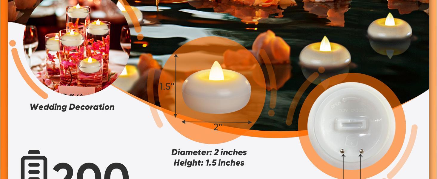 Homemory 24Pack 2” Flameless Led Floating Candles, 200 Hour Plastic Battery Operated Flickering Waterproof Tealights for Cylinder Vases, Centerpieces at Wedding, Party, Pool, Holiday (White Base)