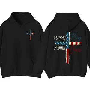 Stand for the Flag Kneel for the Cross Hoodie, Christian Patriotic 2-Sided Graphic Pullover, American Flag Faith Hoodie, 4th of July Casual Streetwear Gift