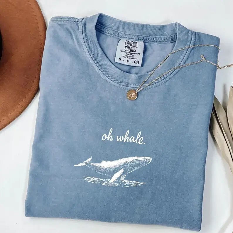 Women's Relaxed Fit Short-Sleeve Graphic Print T-Shirt - Soft Cotton Casual Oversized Beach Top with Funny Oh Whale Meme Design for Summer