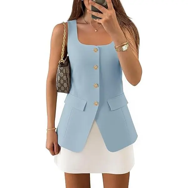 ZESICA Women's 2025 Summer Casual Sleeveless Suit Vest Square Neck Button Down Work Business Blazer Vests Waistcoat