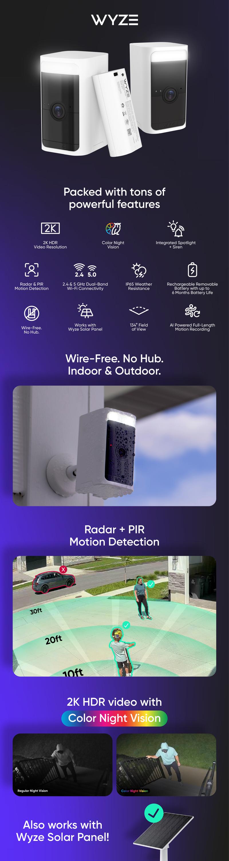 Wyze Wireless Cam Pro — Battery Powered 2K HDR Indoor/Outdoor Smart Camera, Optional Solar Power, Home Security, Removable & Rechargeable Battery, Color Night Vision, Surveillance, White, Black