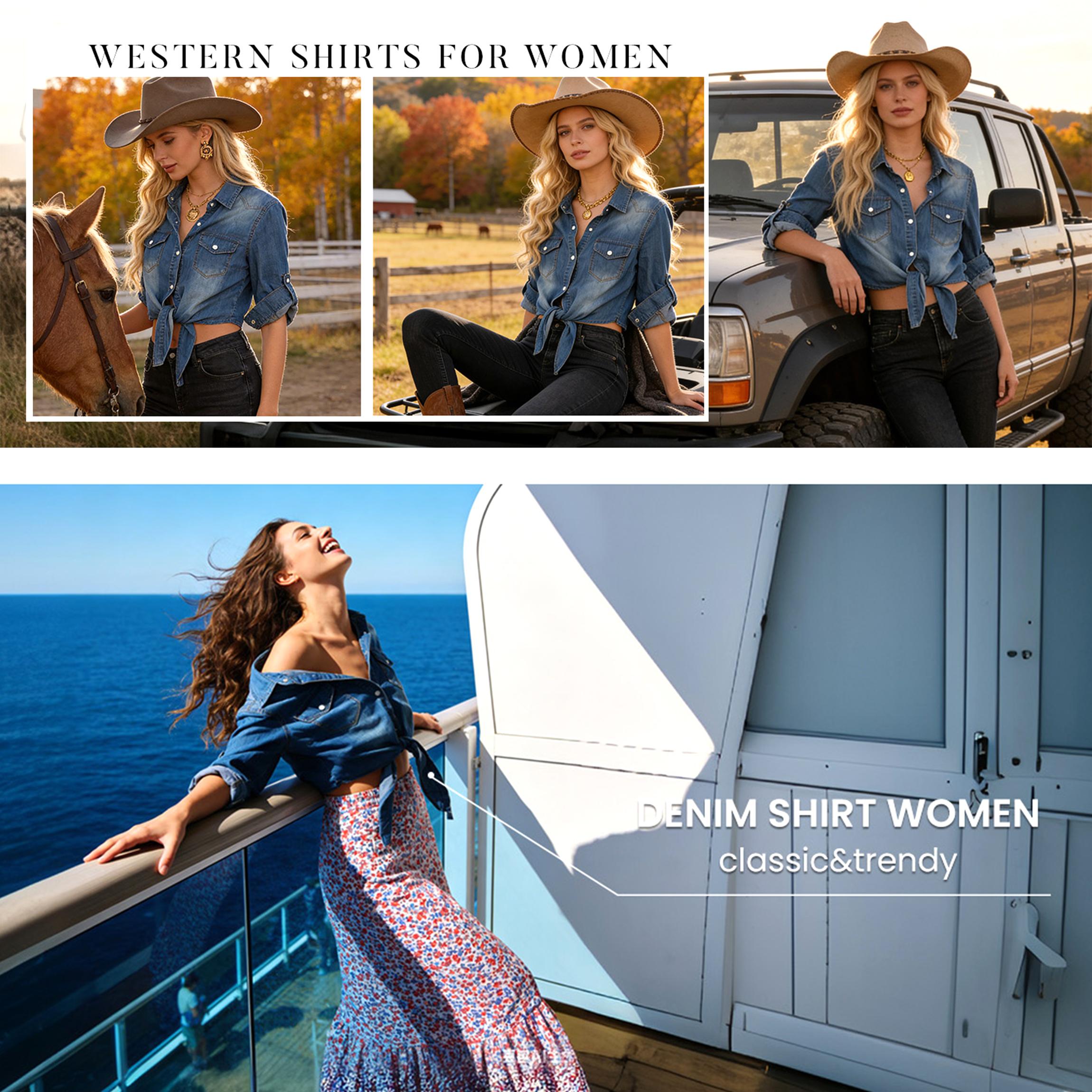 Buenoble Women’s Denim Button-Down Shirt 3/4 Sleeve Cropped Tie Waist Western Shirt Casual Trendy Fashion Top SpringStatements Buenoble Women’s Denim Button-Down Shirt 3/4 Sleeve Cropped Tie Waist Western Shirt Casual Trendy Fashion Top SpringStatements