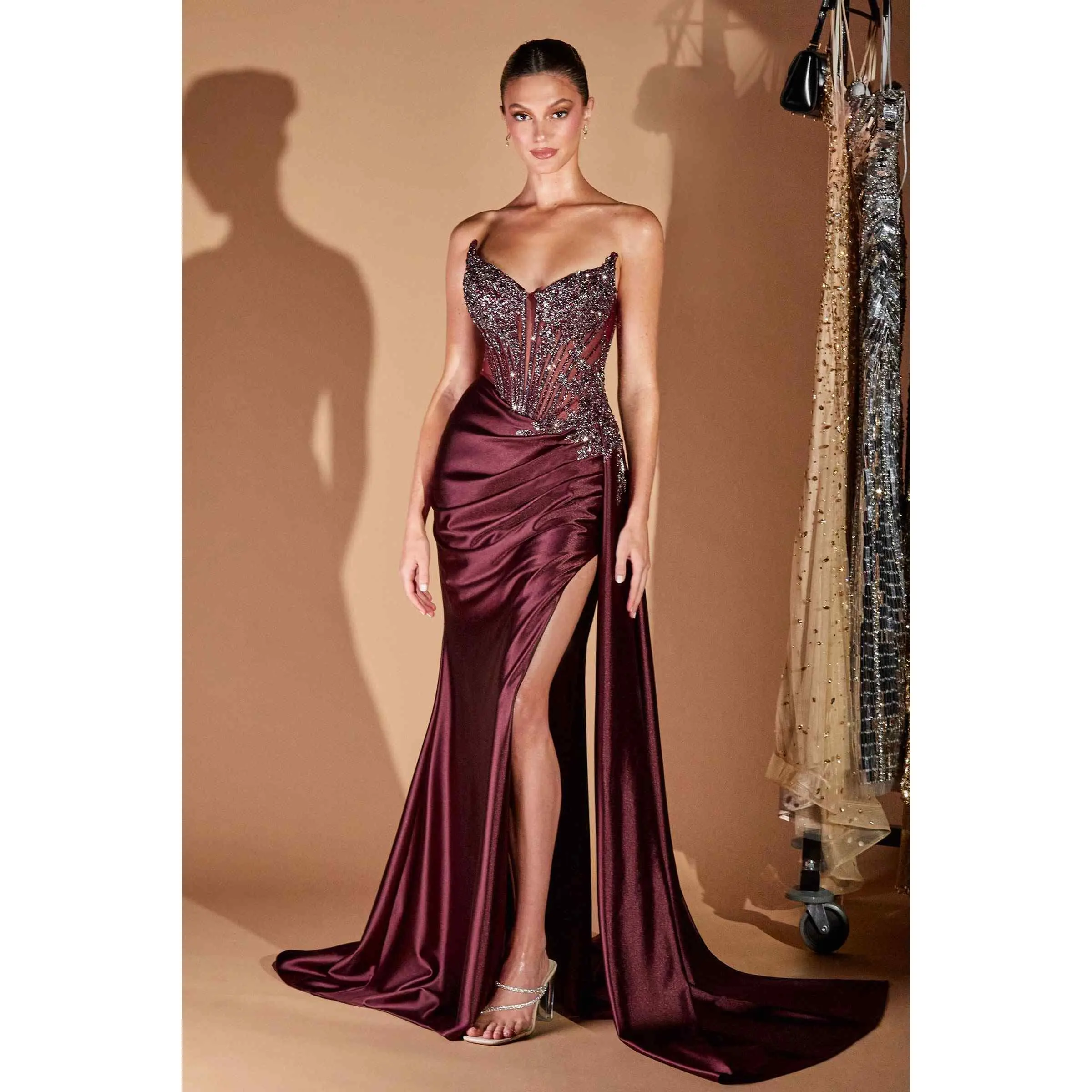 Ladivine CD722 Women's Satin Corset Full-Length Evening Gown - Sleeveless/Strapless, Fitted, V-Neck Option, Zipper, Soft Fabric, Leg Slit, Lace & Bead Accents, Formal, Graduation/Prom Wear, Gold, Emerald Green, Elegant Evening Dresses