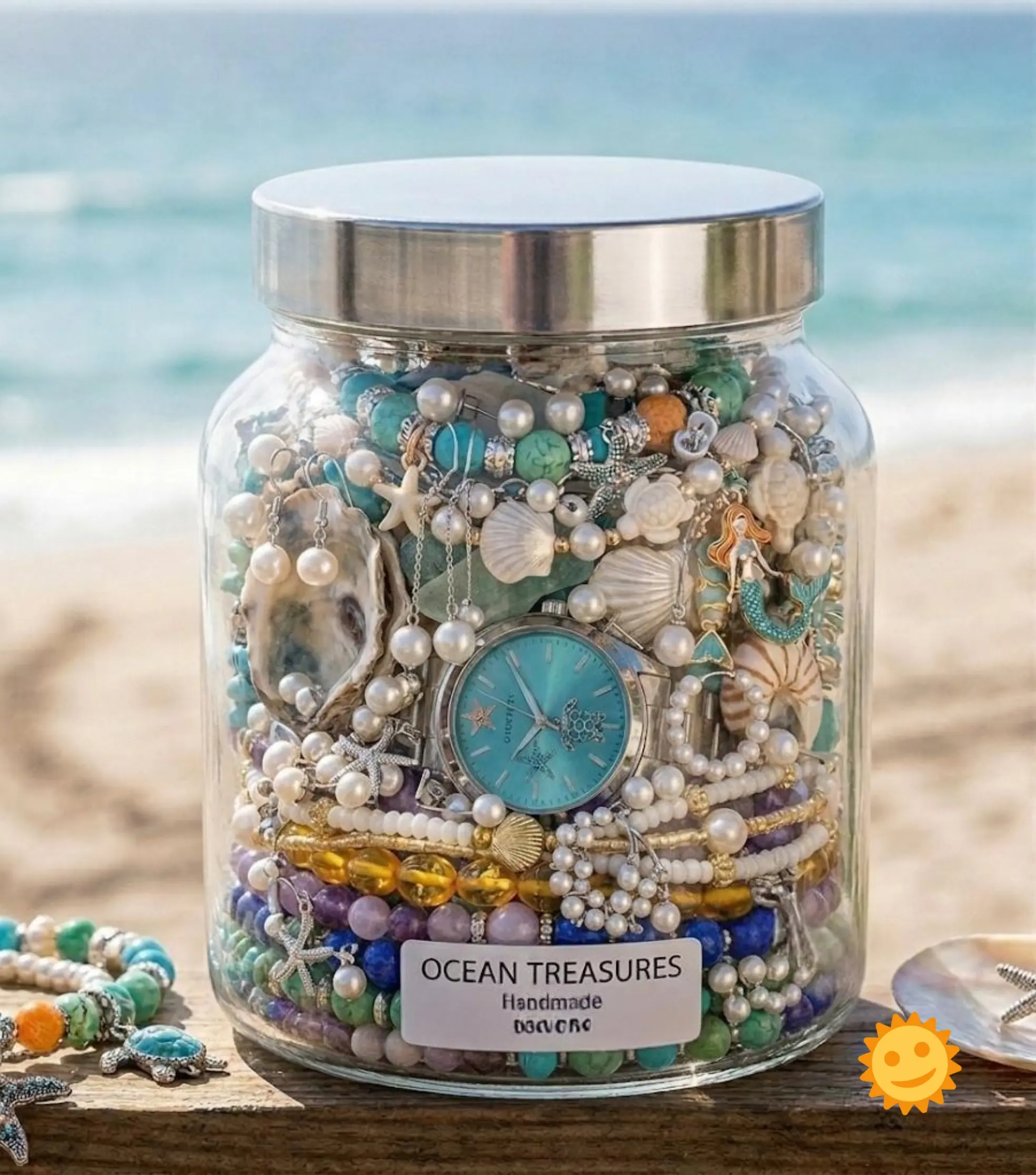 Costume Jewelry Jar Ocean Collection - Assorted Necklaces, Rings, Earrings, Bracelets & Beads - Ideal Gift for Jewelry