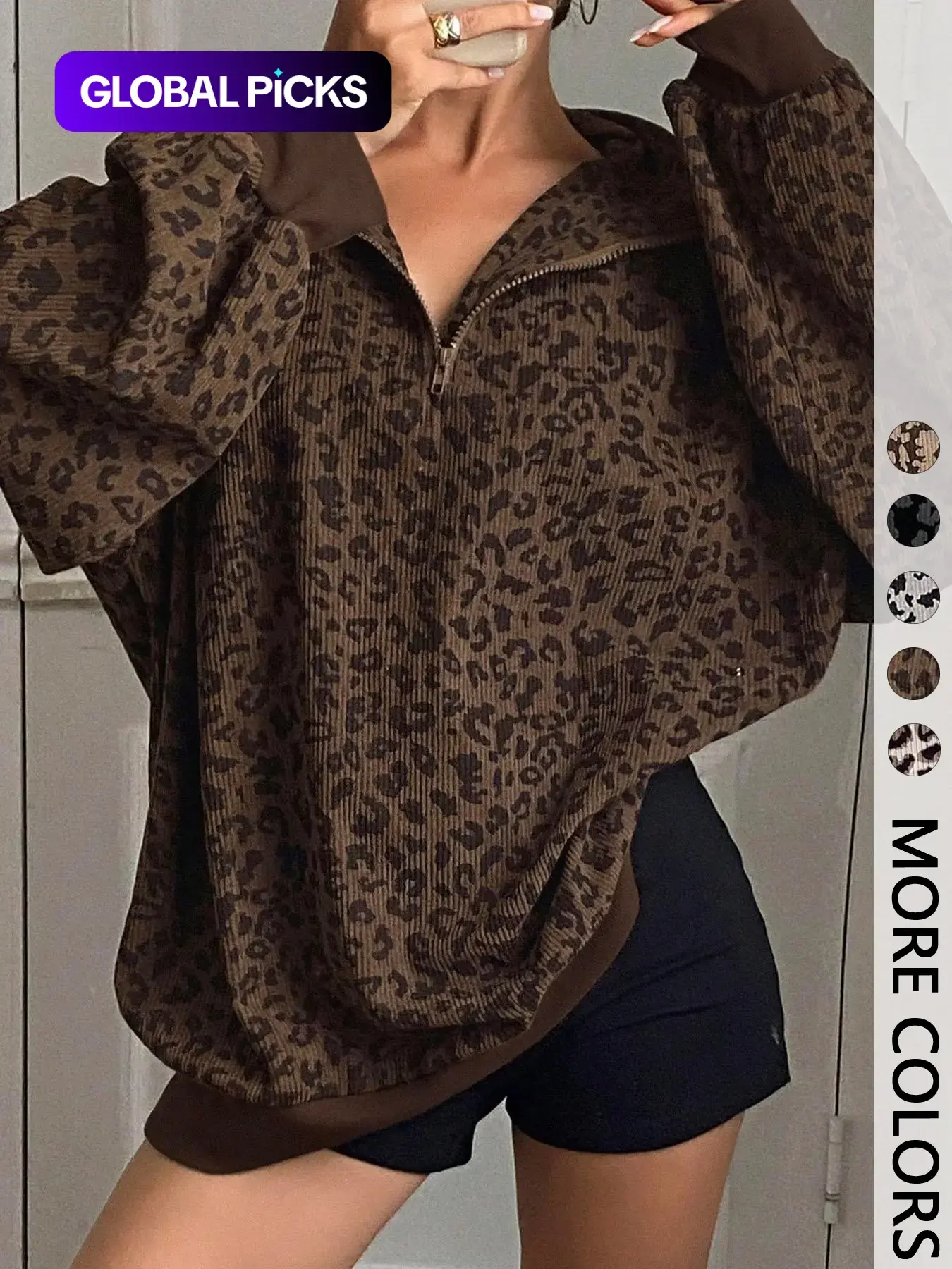 Women's Leopard Print Half Zip Pullover Oversized Drop Shoulder Long Sleeve Top Contrast Cuff & Hem Loose Relaxed Fit Casual Streetwear Trendy Animal Pattern Sweatshirt