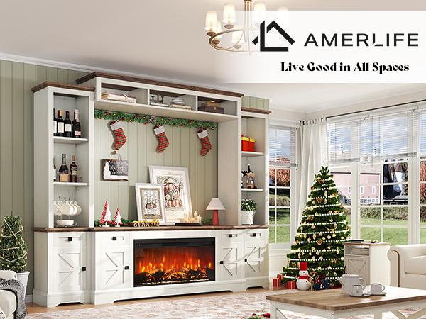 [Ships in 3 Boxes] [Spring Sale] AMERLIFE 98in Farmhouse Wall Unit TV Stand with 36" Fireplace, Bookshelves, Wine Cabinet, Fits 78" TVs, Entertainment Center with Power Outlets & Drawers, Media Console, Living Room/Best Gift Ideas/Christmas Gifts