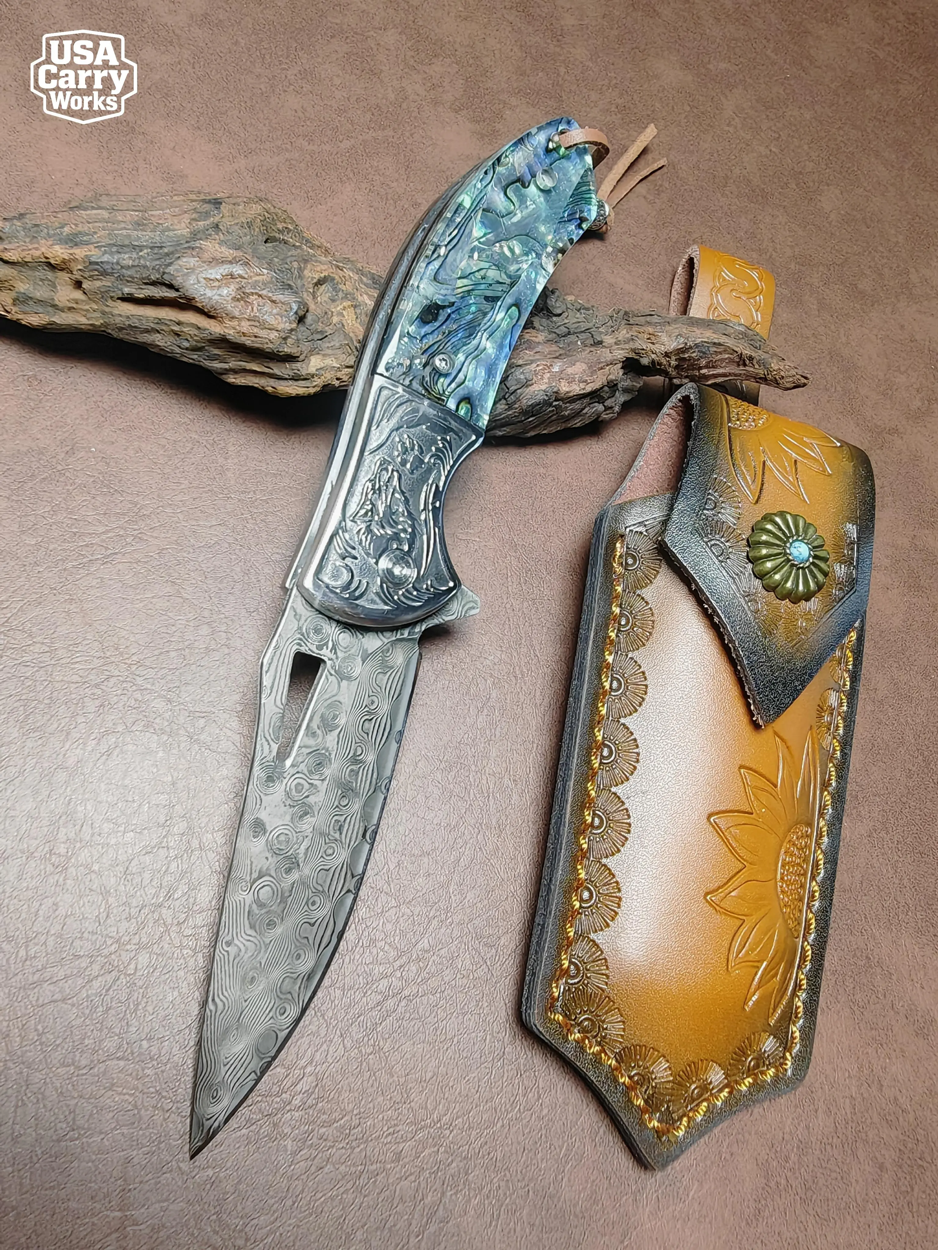Damascus Pattern Abalone Shell Wolf Engraved Folding Knife EDC Pocket Tool Sunflower Leather Sheath Outdoor Camping Hiking Gear Everyday Carry Utility Blade Mens Coming Of Age Gift Husband Father Collection Boyfriend Present Unique Western Style Bushcraft