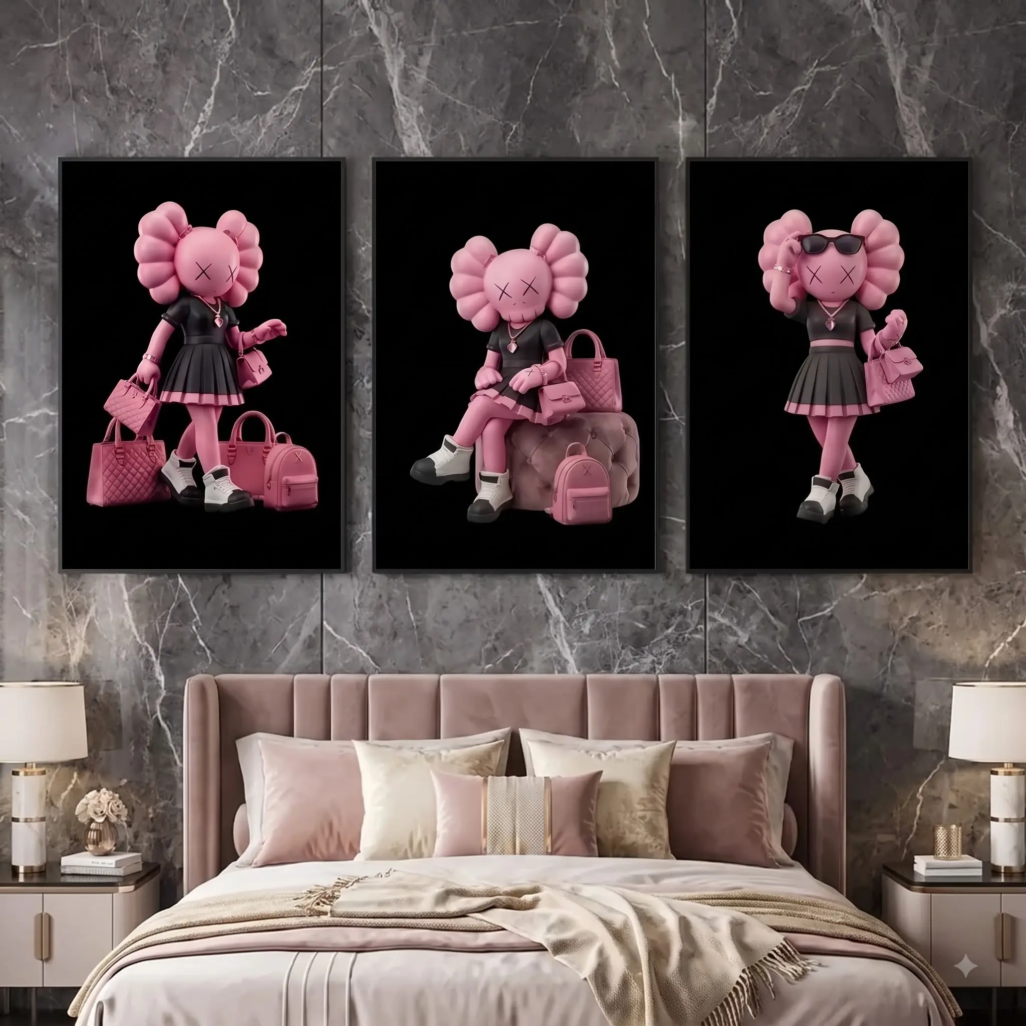 Set of 3 Pink Kaw Street Poster Prints, Trendy Fashion Girl Wall Art, Urban Poster Set, Modern Glam Room Decor