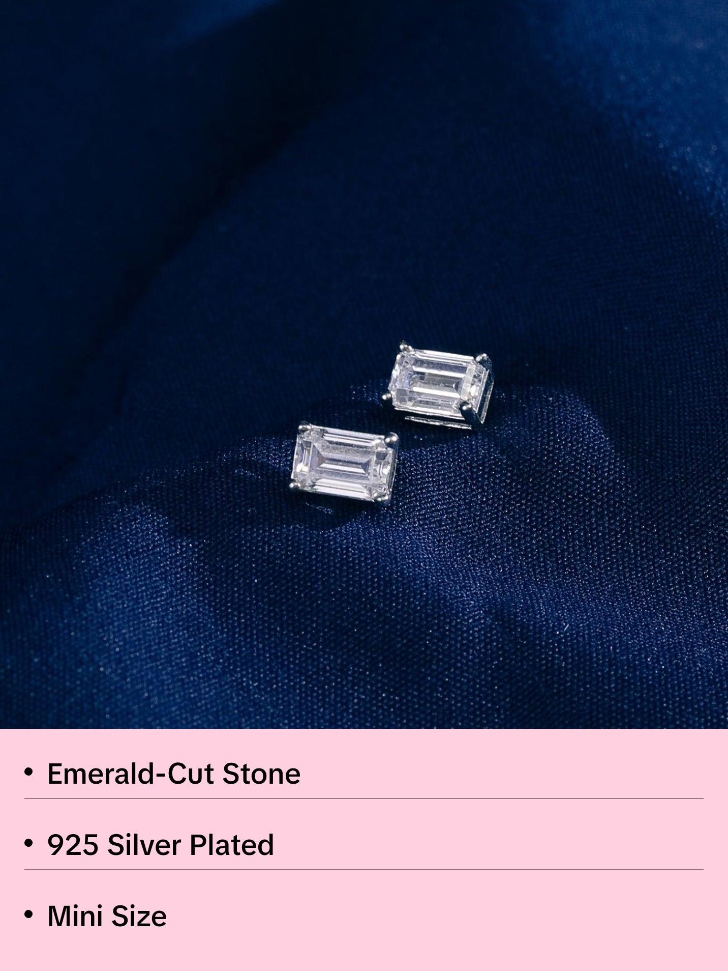 Classic Emerald cut CZ Solitaire Silver Stud Earrings, Mini