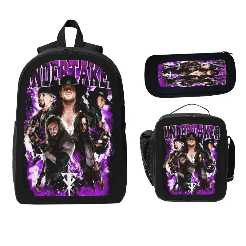 WWE Legend Themed Undertaker 3-in-1 Pattern Backpack Set - Childrens Bag, Bold Design School Backpack, Lunch Bag & Pencil Case for Wrestling Fans’ Daily Use, First Day Of School, Campus Life, Everyday Carry, Swag B
