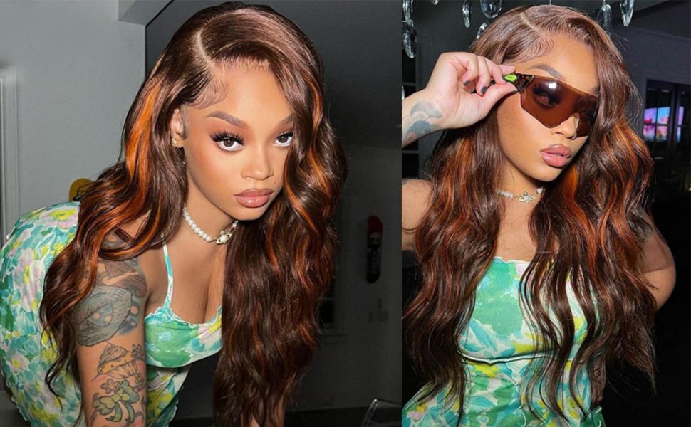 Lemoda Hair Highlight 1B/350 Transparent HD 13x4 Lace Front Wig Human Hair Reddish Brown Ombre Brazilian Virgin Body Wave 180% Density Lace Front Glueless Wig Pre Plucked with Baby Hair for Women