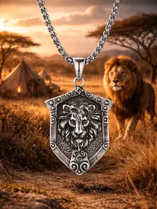 The Armored Kingdom Royal Lion Pendant Necklace - Aged Silver Finish, 22" Stainless Steel Chain, Hypoallergenic Zinc Alloy, Religious Jewelry Gift