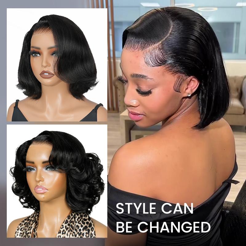[Spring Must Have] [Side Part] Asteria Hair Glueless Pre-Styled Layered Cut Body Wave and Straight 7×5 HD Transparent Lace Human Hair Wig Pre Bleached Tiny Knots C-Part Short Bob Right Side Part Wig Valentine Musts