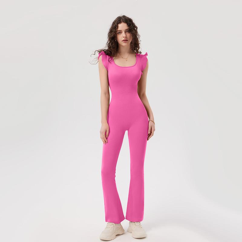 OQQ Jumpsuits For Women Ribbed Square Neck Ruffles Sleeveless Flare Long Pants Stretchy Soft Party Jumpsuits Womenswear Lady Comfort Bridal Basic