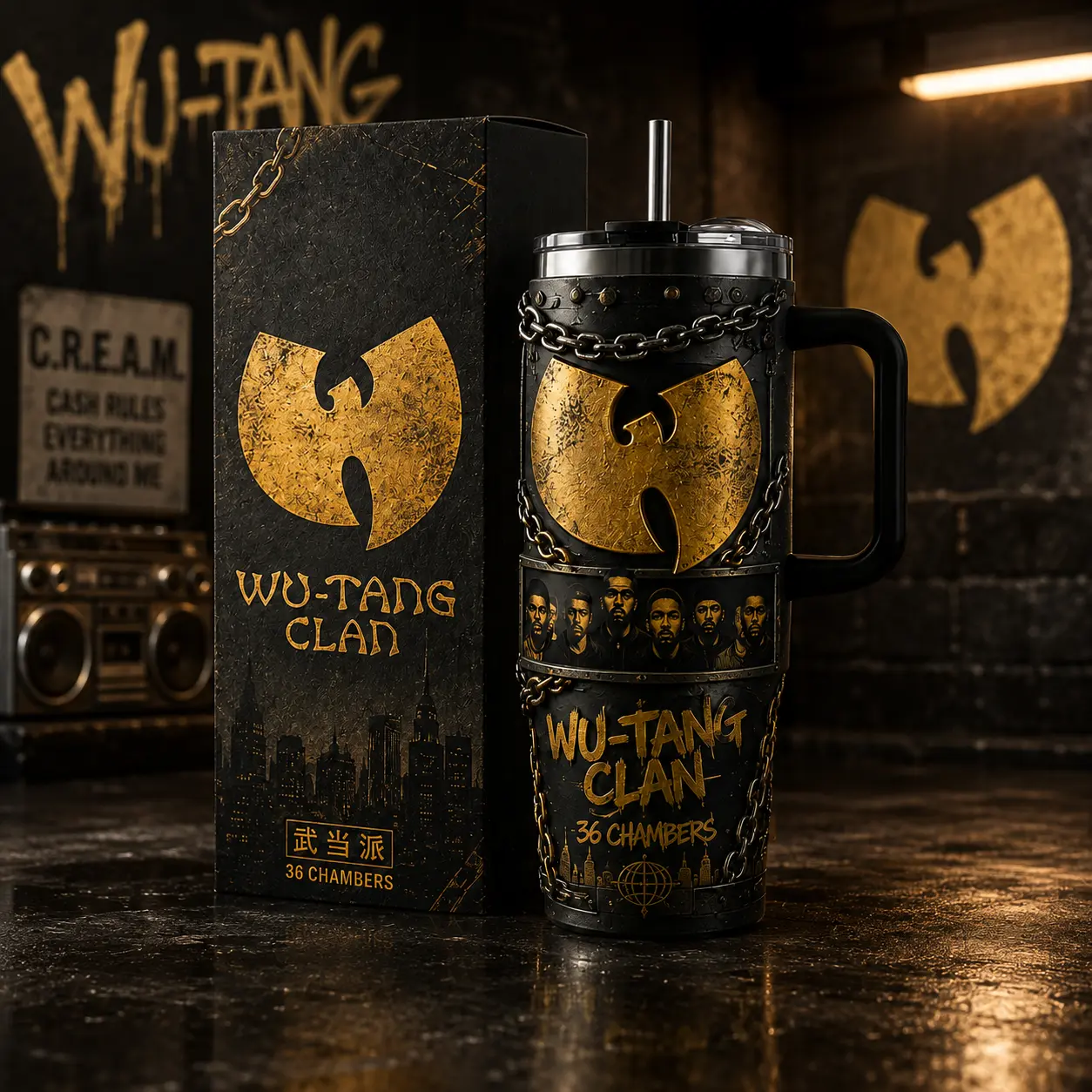 Wu-Tang Clan 36 Chambers 40oz Tumbler with Handle & Straw, Stainless Steel Insulated Travel Mug, Hip Hop Rap Music Cup, Black Gold Collector Drinkware, Wu-Tang Fan Gift