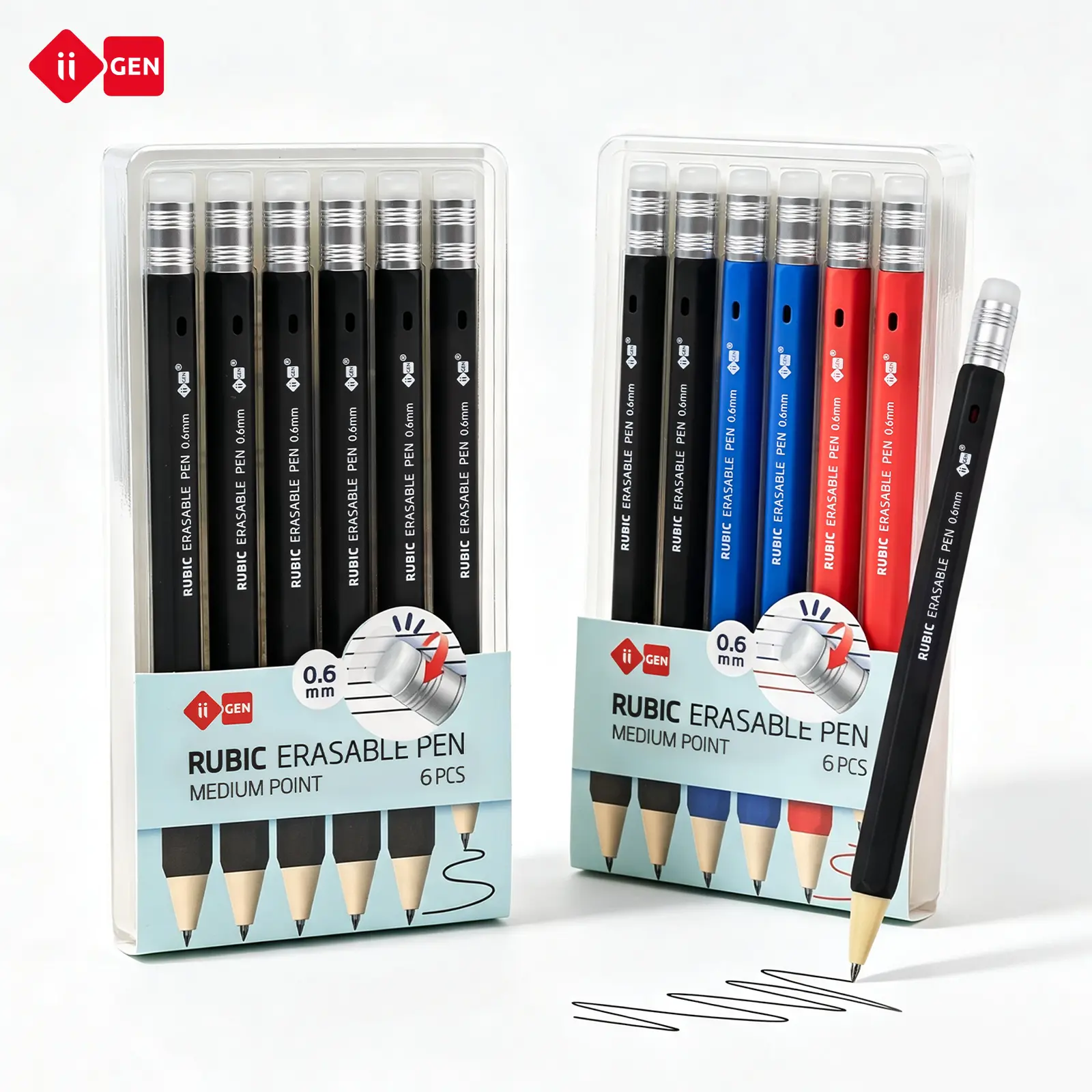 iiGEN RUBIC 0.6mm Medium Point Erasable Gel Pen Set (6-Pack) - Smooth, Quick-Dry Reusable Ink Pens for College Students, Note Taking, Back-to-School Office Stationery, Black Color 6-Pack