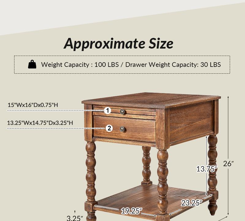 Hulala Ira 26" Tall Farmhouse Solid Wood End Table with Built-in Charging Outlets, Computer Tray and Extendable Tray, Built-in Charging Outlets, Traditional and Farmhouse Style, Solid Wood Construction, Versatile Functionality