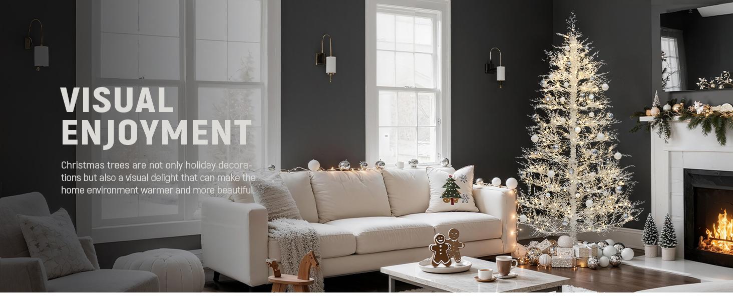 DWVO 6/7.5FT Prelit Christmas Tree Birch Tree with Remote, Artificial Hinged White Christmas Tree with Warmwhite & Multicolor Switchable Fairy Lights, PE Tips for Home Holiday Decor