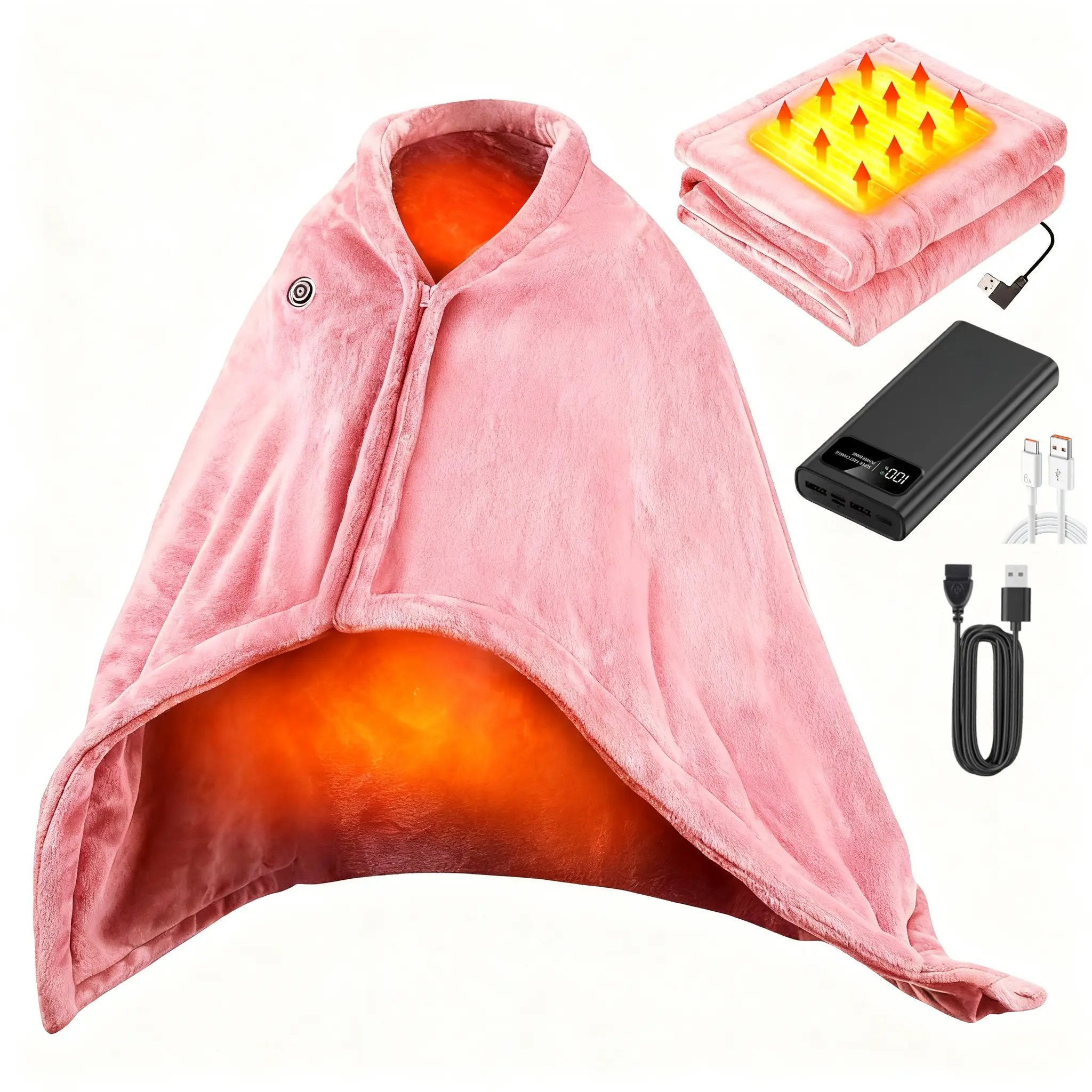 Cordless Heated Blanket (20000mAh Battery Included) 15s Fast Heating Wearable Electric Shawl (63"x33.5") | 3-Temp & Auto-Off | Velvet Poncho for Baseball Games, Neck & Back Pain Relief | Washable Throw for Camping, Overlanding & Office | Mother's Day Gift