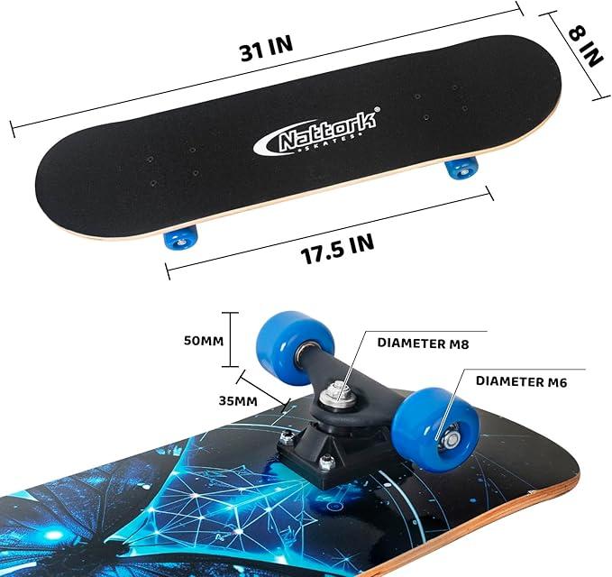 Nattork 31 Inch Complete Skateboard, Standard Skateboards for Beginners, Wood 9 Layer Canadian Maple Trick Skate Boards for Boys Girls Youth Teens Adults Maple Skateboard Concave Skateboard Northeast