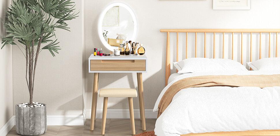 Small Makeup Vanity Desk with 3 Adjustable Lighted Mirror and Chair, 24 Inch Vanities Set with Drawer Wooden Frame Dressing Table for Mini Space HW1151 Dresser Furniture