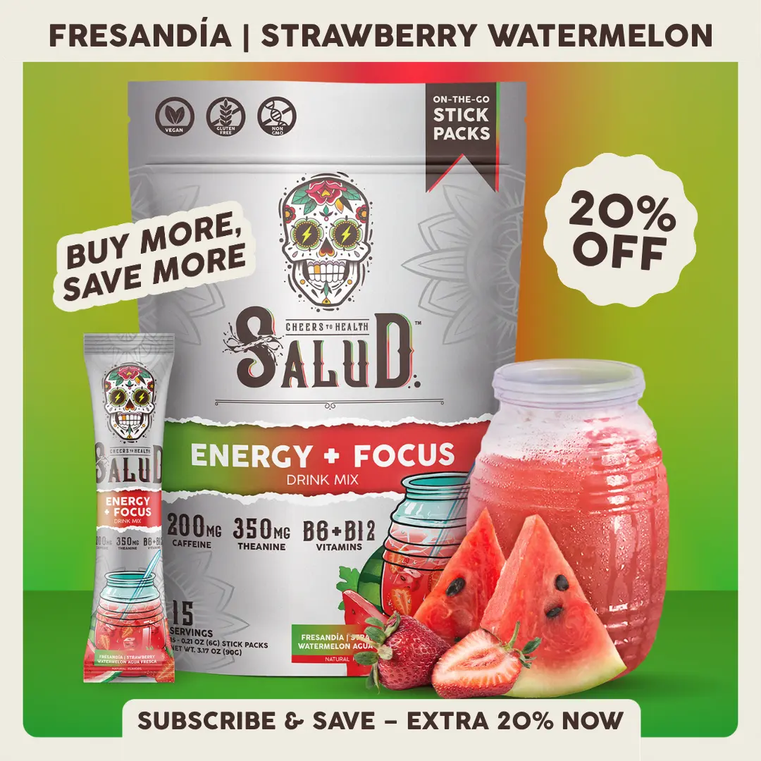 Salud 2-in-1 [Energy + Focus - Fresandía | Strawberry Watermelon] Clean Energy Drink Mix, Agua Fresca, Organic Caffeine, B6 & B12, L-Theanine, Drink Packets, Non-GMO, Gluten Free, Vegan, Low Calorie, 1g Sugar (15 Servings)