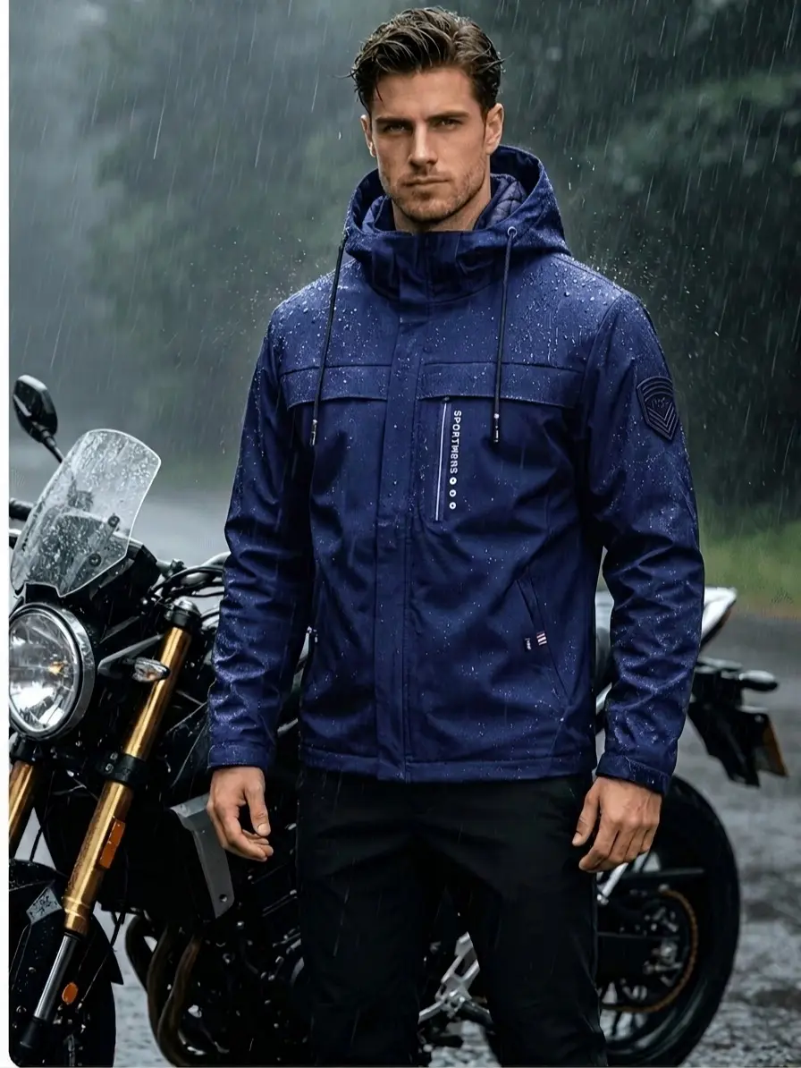 Men's Lightweight Waterproof Windproof Hooded Motorcycle Jacket - Windproof Coat with Zip Pockets, Full Sizes XS-3XL, for Riding, Hiking