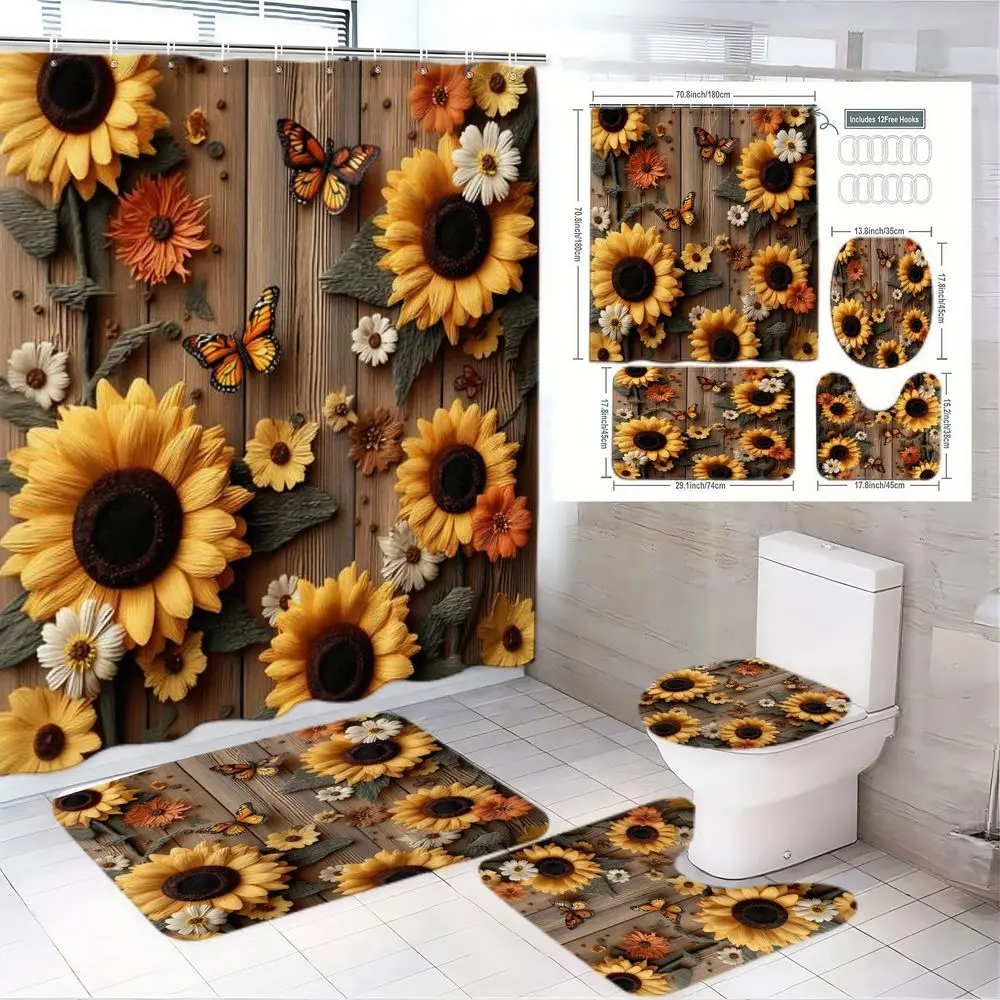 1/4pcs Sunflower Rustic Bathroom Accessories Set Shower Curtain + 2 Bath Mats + Toilet Seat Cover, Country Nature Floral Yellow Orange Pattern, Perfect for Spring Summer Decor, Farmhouse Style Home Gift, Bathroom Sets, Bathroom Accessory Set
