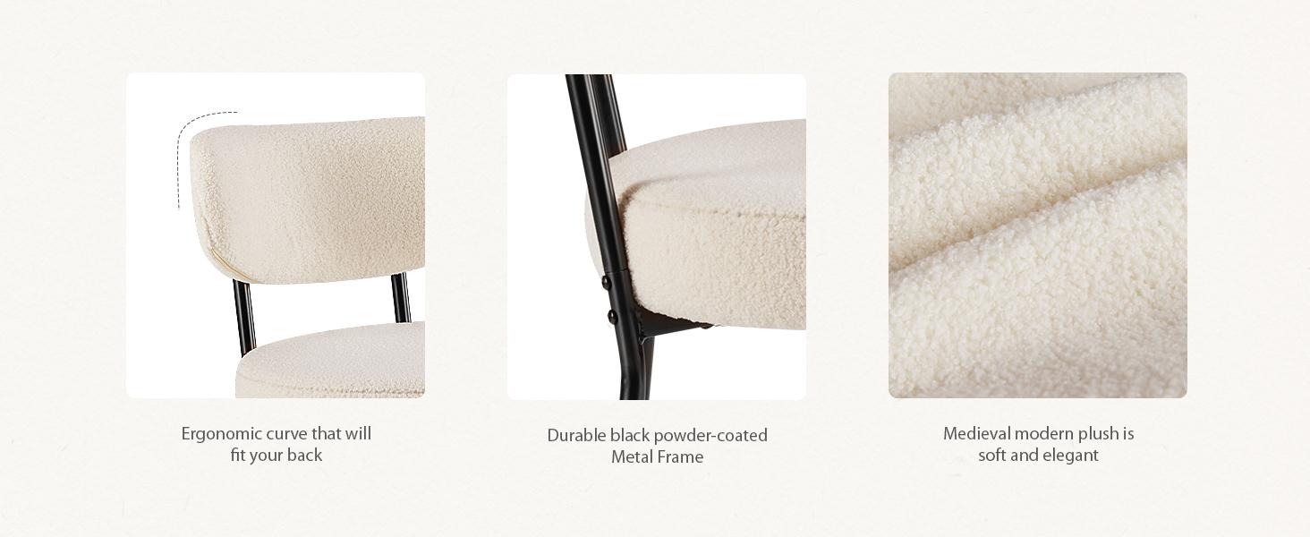 Set of 2 Dining Chairs Boucle Upholstered Kitchen Chairs with Curved Backrest & Metal Legs-Mid Century Modern Round Dining Room Chairs