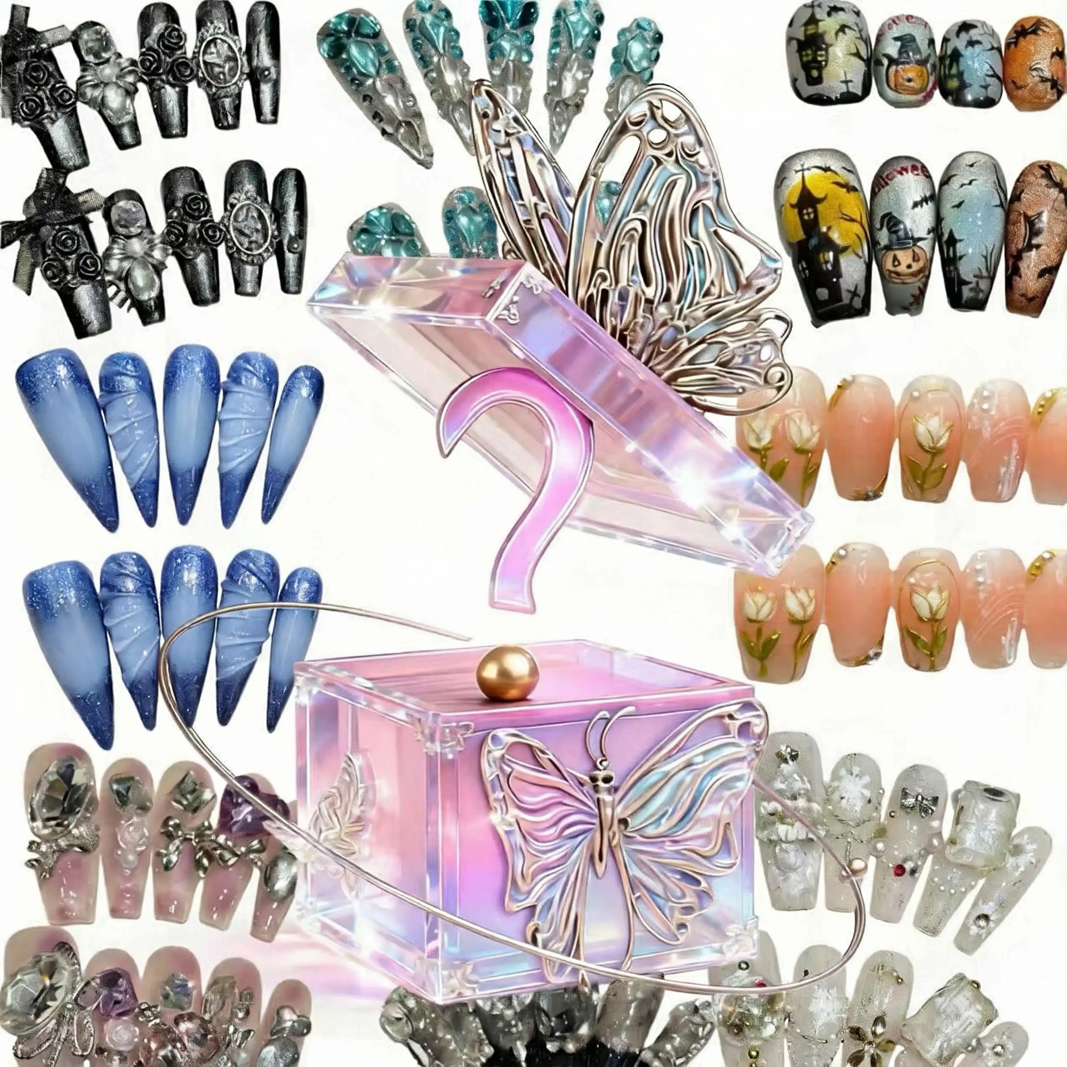 20 Sets Handmade Press-On Nail Kit, Surprise Blind Box with Reusable Decorative Fake Nails, Selectable Sizes S/M/L for Women, Decorative Nails, Fake Nail Kit