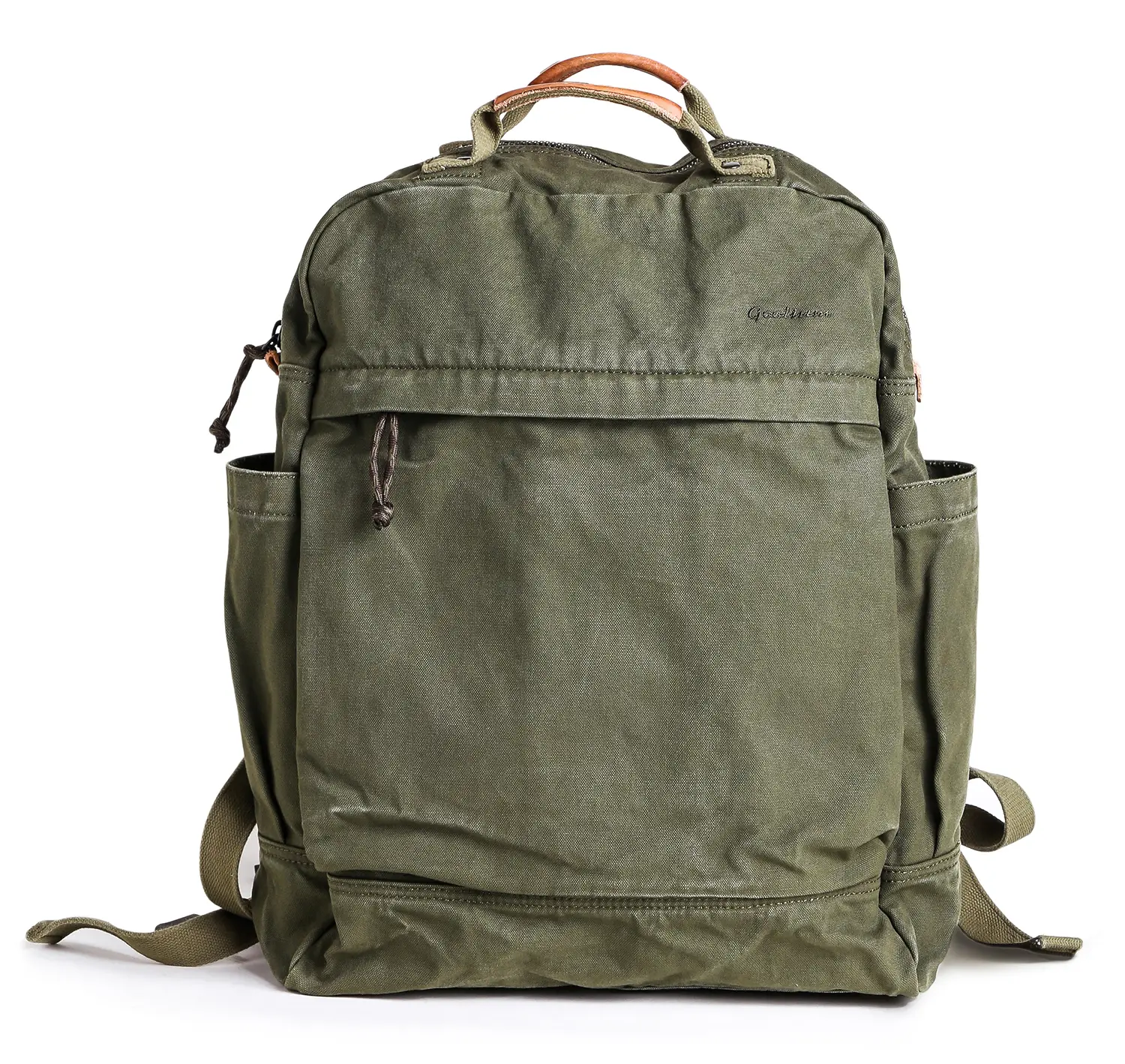 GOOTIUM Men's Vintage Canvas Backpack - 18L Durable Rucksack with Leather Trim, Quick Access Zipper, Adjustable Shoulder Straps, Expandable Side Pockets, Durable Hardware, Resilience, Longevity, Even Stitching for Everyday Carry & International Travel