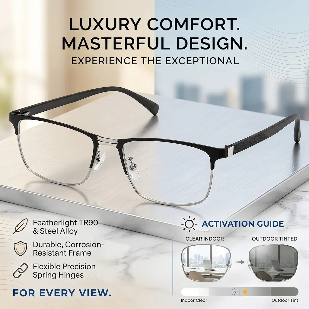 JETOP SMART Titanium Frame + TR90 Temple Progressive Multifocal Photochromic Reading Glasses – Blue Light Blocking Ultra-Light Eyewear for Men & Women, Premium Case Included