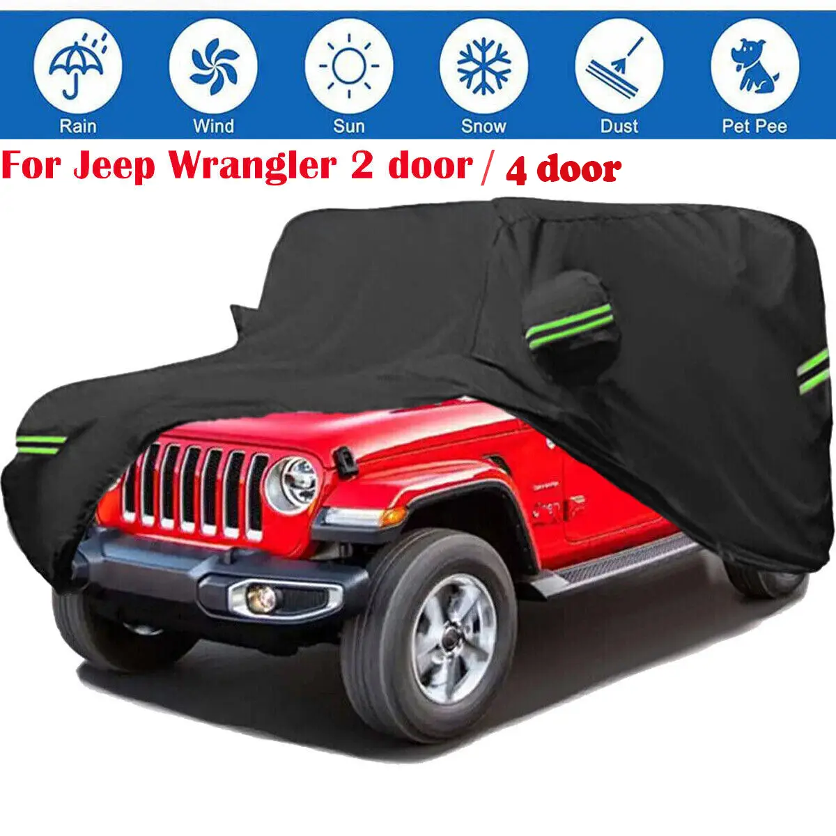 For Jeep Wrangler 2 / 4 Door CJ YJ TJ JK Car Cover Dust UV Waterproof Protection Weatherproof All Weather Protector Black with reflective strip