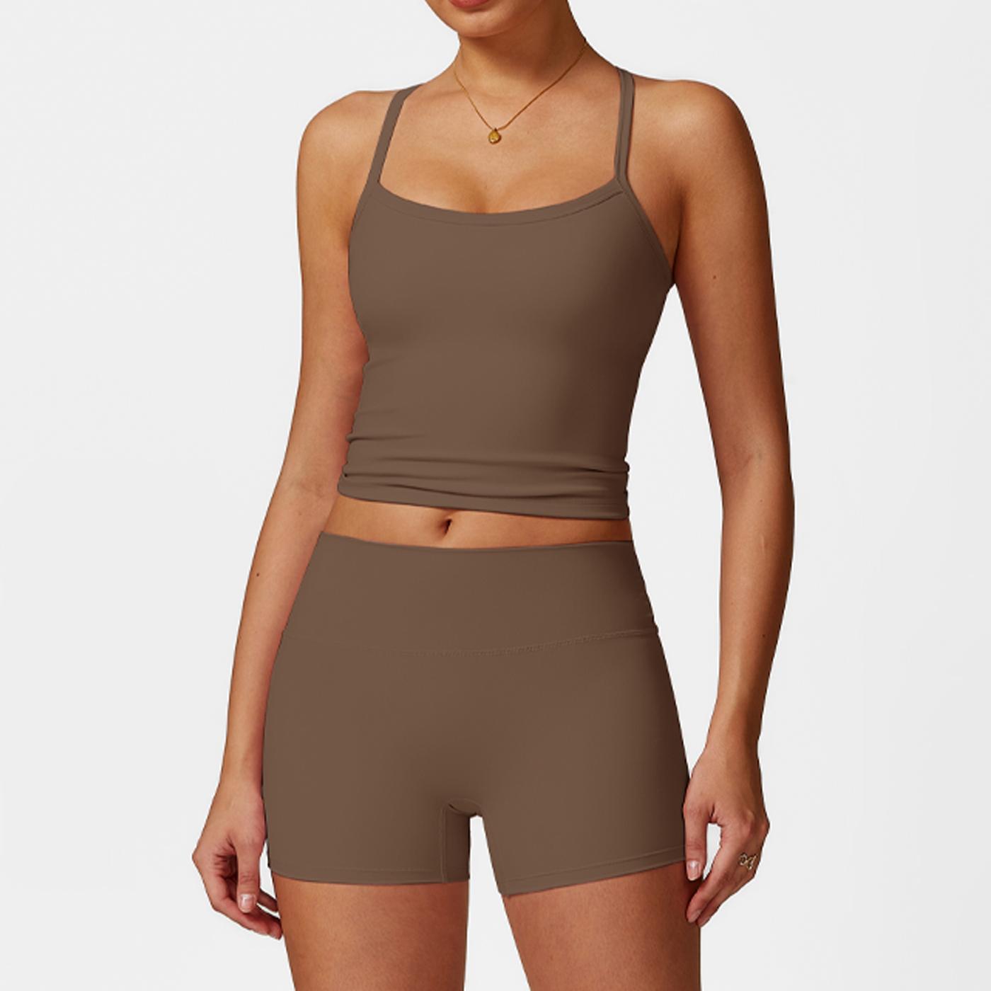 Women's Solid Backless Crop Cami Top & Shorts Fitness Sportswear Set, Sporty Sleeveless Top & Skinny Shorts, Ladies Sportswear for Indoor Outdoor Wear, Fall Outfits Soccer Mom Outfit Yoga Activewear Gym Leggings