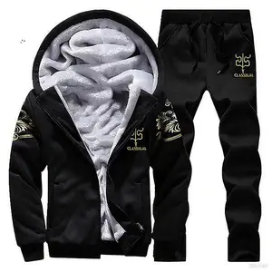 Men's Black Fleece Lined Hooded Sports Set - Zip Up Jacket + Drawstring Pants 2 Piece Outfit, Stylish Warm Casual Clothing
