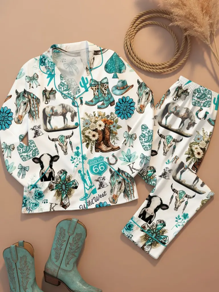 Western Cowgirl Pajama Set Turquoise Horses Boots & Cactus Latin Pajamas Short Sleeve Above The Knee Summer Satin Loungewear
