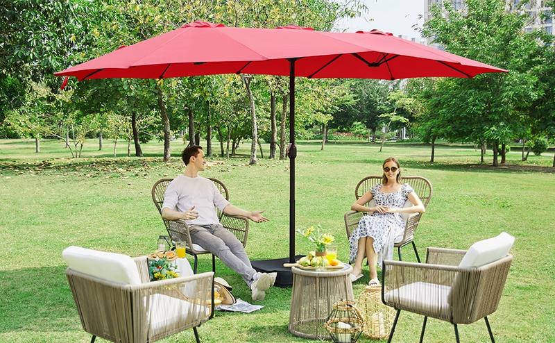 Yaheetech 15/13ft Heavy Duty Canopy Double Layer Cloth Patio Umbrella with 12 Ribs Hand Crank for Easy Opening 2 Sandbags Outdoor Design for Garden Pool and Lawn